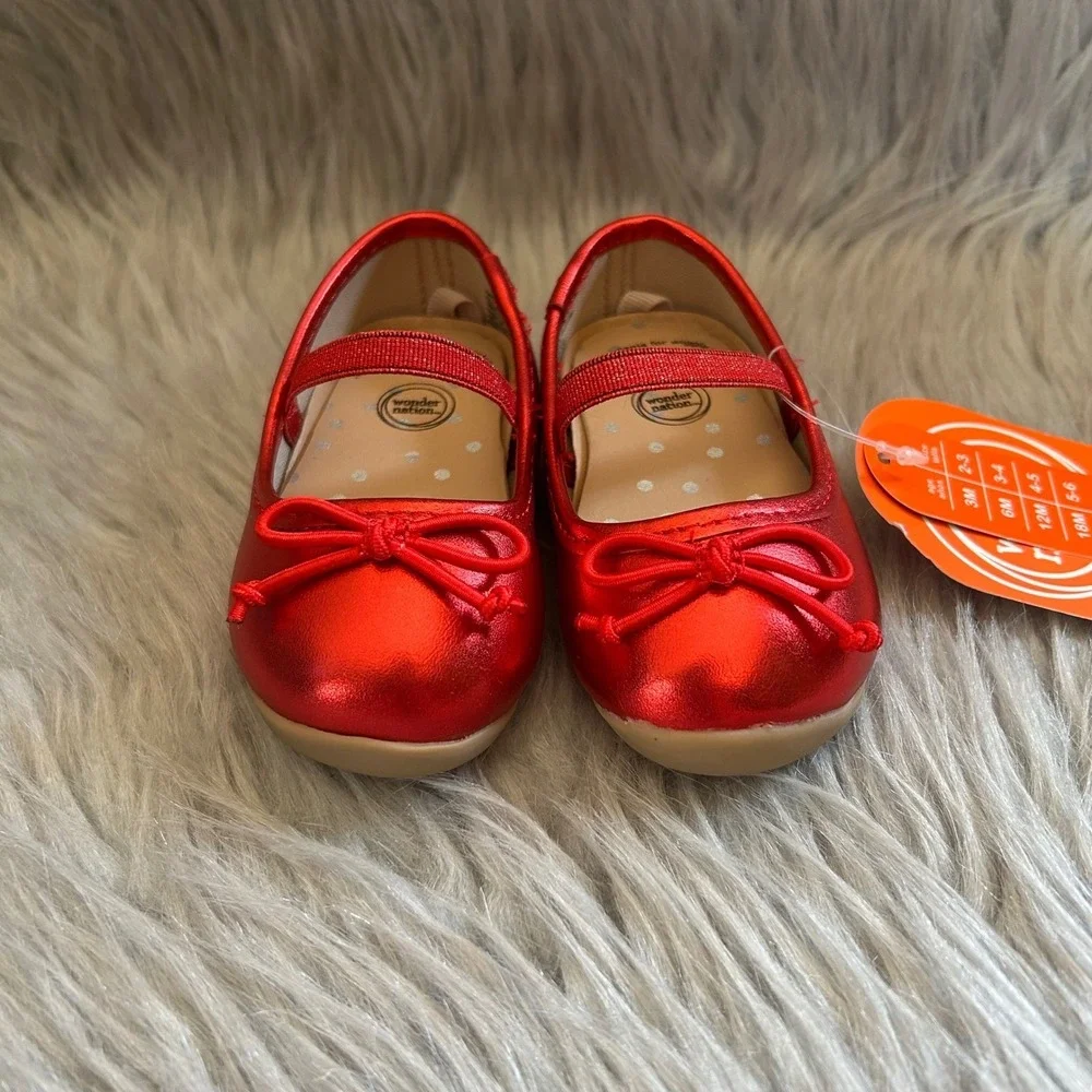 Wonder‎ Nation Bow Ballet Shoes Baby Girls Size 3 Red Mary Jane Slip On